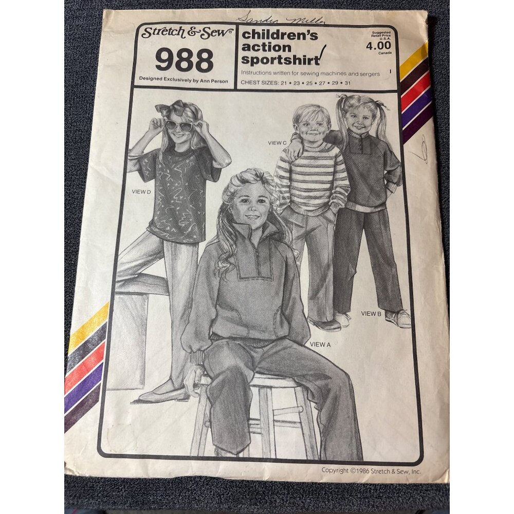 Stretch & Sew 988 Childrens Action Sportshirt Sewing Pattern Uncut Chest Sizes 2